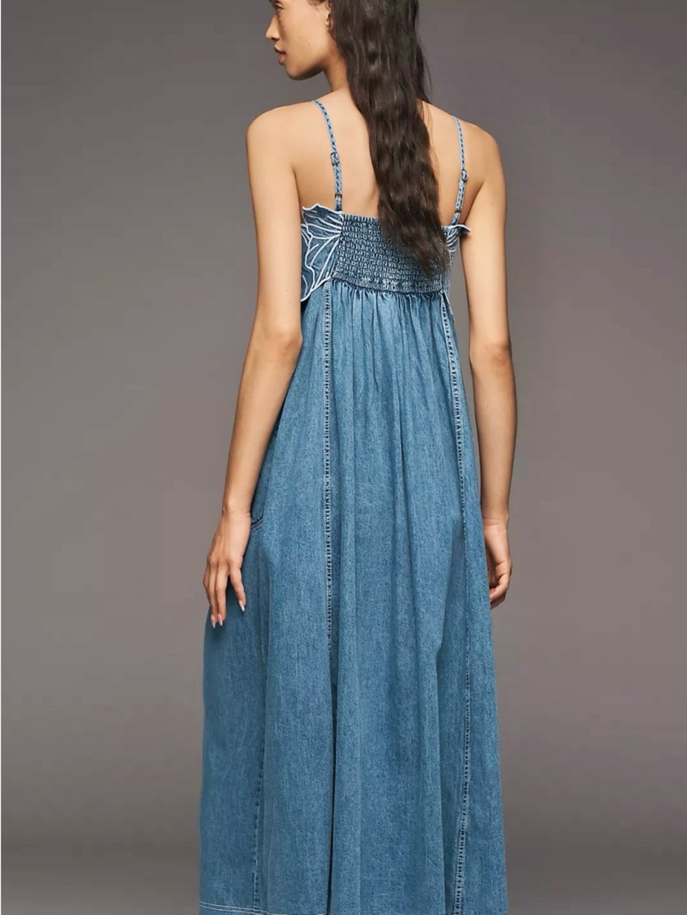 Anthropologie Pilcro Light Denim Floral Appliqué Maxi Dress Size Medium NWT - Picture 4 of 12